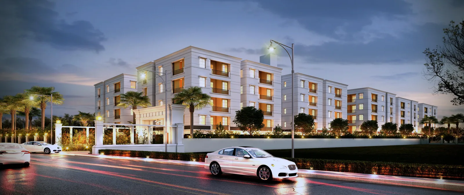 Photoreal exterior render at dusk